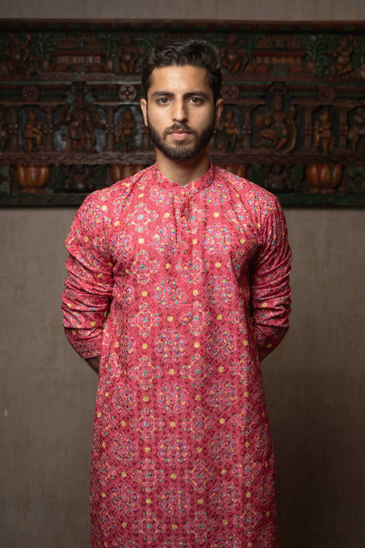 Suutraa Men's Pink Cotton Printed Kurta