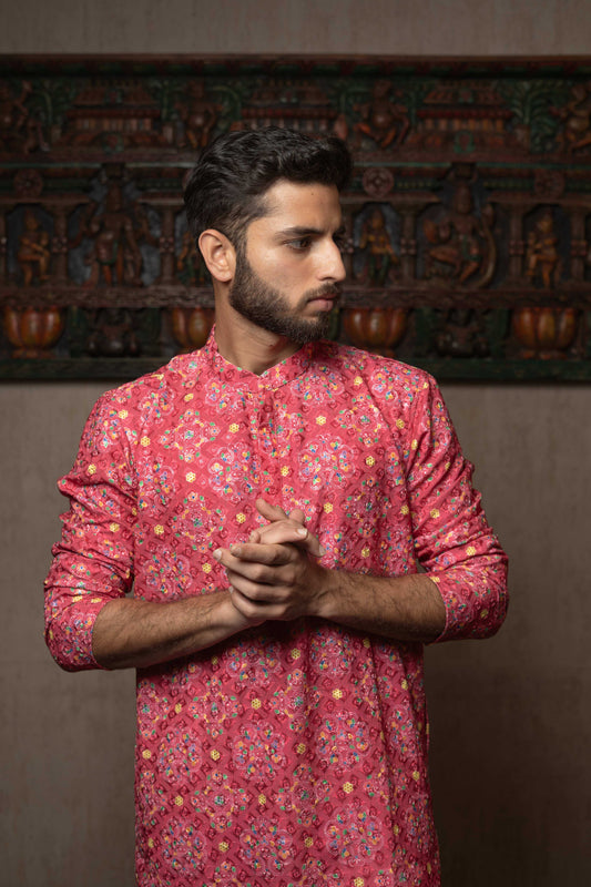 Suutraa Men's Pink Cotton Printed Kurta