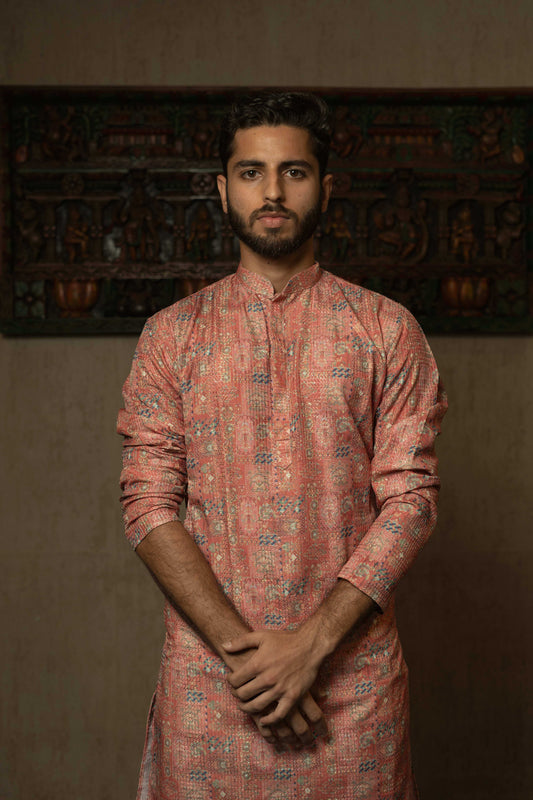 Suutraa Men's Pink Silk Printed Kurta