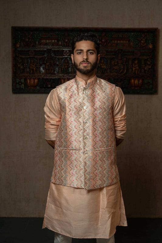 SUUTRAA MEN'S DESIGNER PEACH SILK NEHRU JACKET