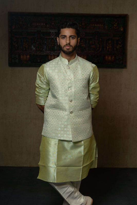 Suutraa Men's Pista Green Silk Kurta Pyjama Jacket Set