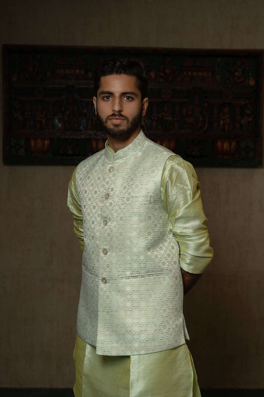 Suutraa Men's Pista Green Silk Kurta Pyjama Jacket Set