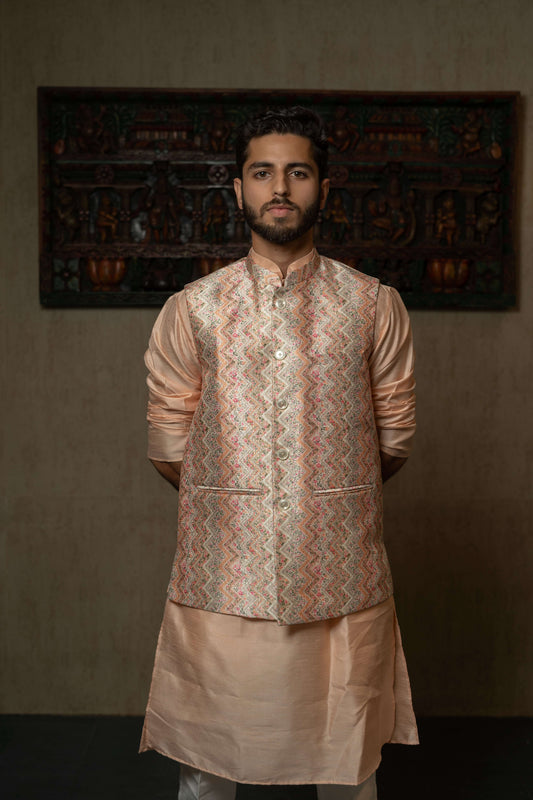 Suutraa Men"s Designer Peach Silk Kurta Pyjama Jacket Set