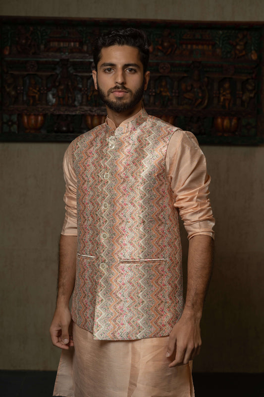 Suutraa Men"s Designer Peach Silk Kurta Pyjama Jacket Set