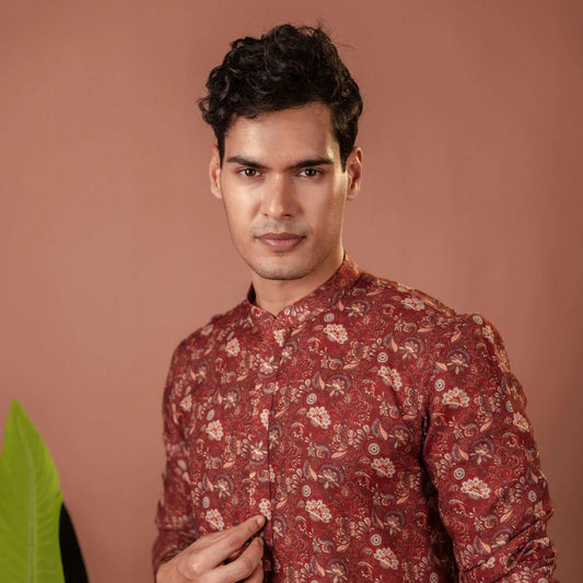 Suutraa Men's Maroon Cotton Printed Kurta - suutraa.com