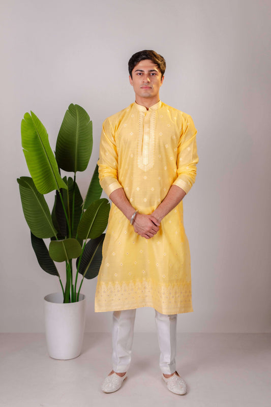 Suutraa Men's Yellow Silk Kurta with Neck Emb