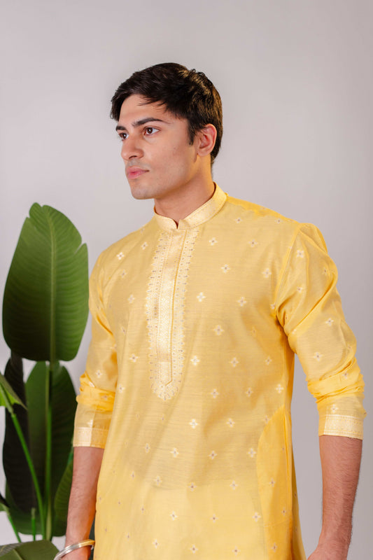 Suutraa Men's Yellow Silk Kurta with Neck Emb