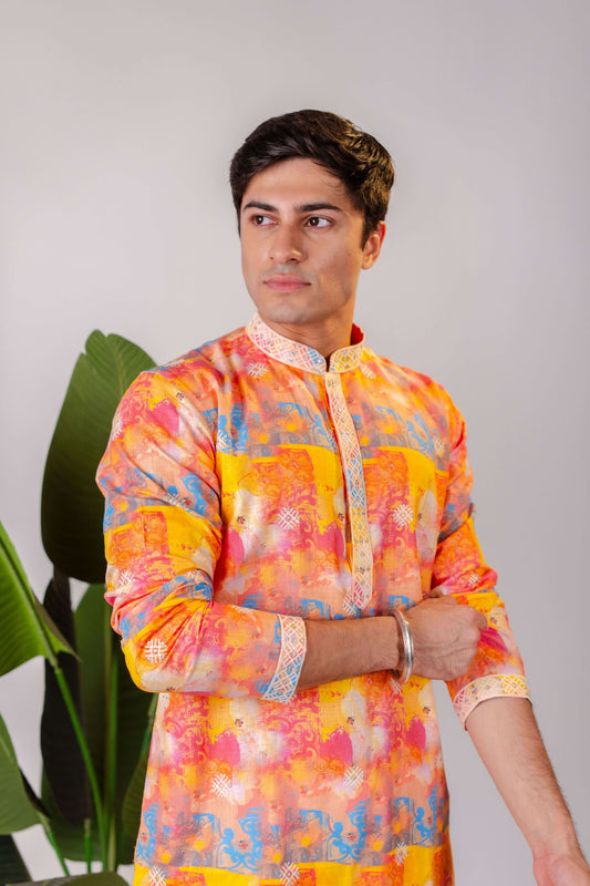 Suutraa Men's Multiprinted Linen CP Kurta
