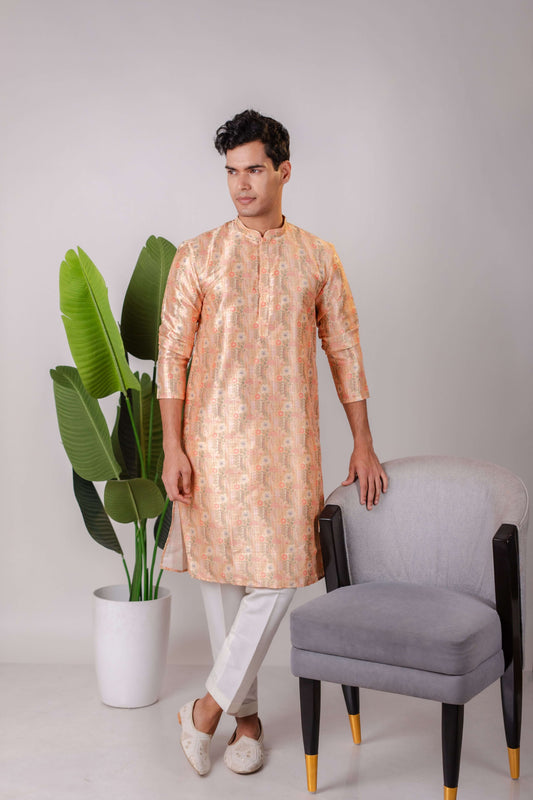 Suutraa Men's Rose Gold Silk Printed Kurta