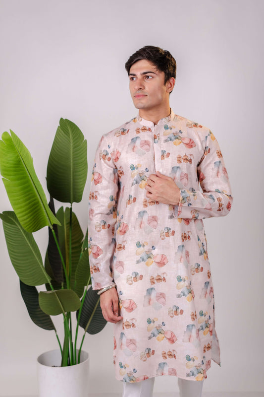 Suutraa Men's Baby Pink Linen Oil Printed Kurta