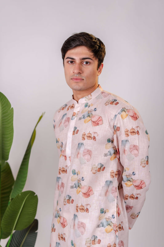 Suutraa Men's Baby Pink Linen Oil Printed Kurta