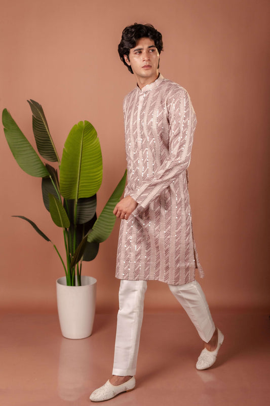 Suutraa Men's Lavender Silk all over Embroided Kurta