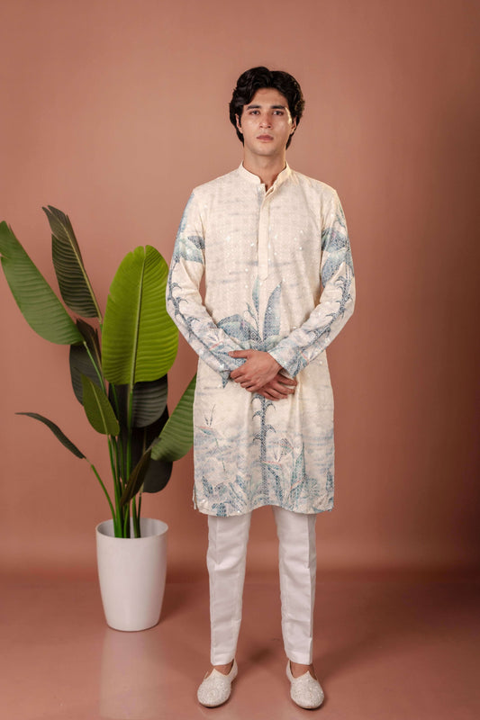 Suutraa Men's Off-White Figure Embroided Chikankari Kurta