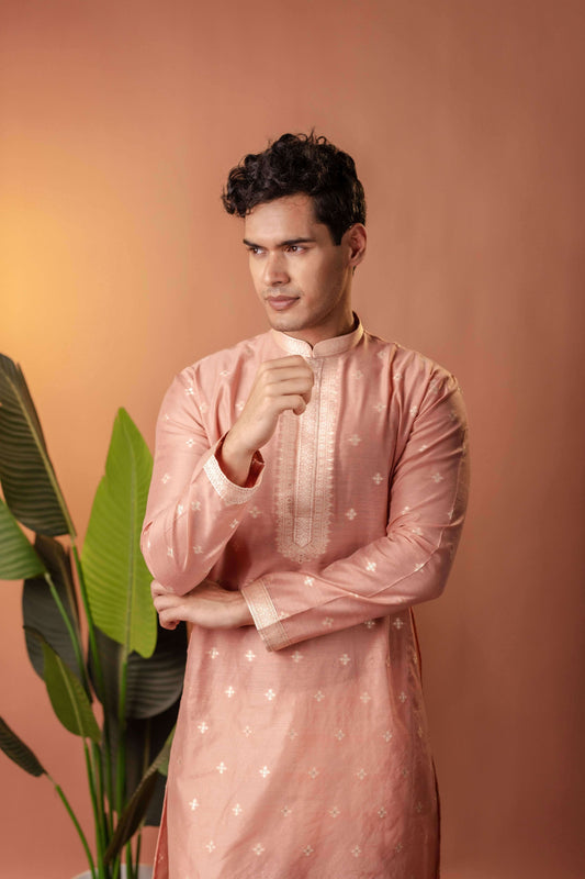 Suutraa Men's Pink Silk Kurta with Neck Emb