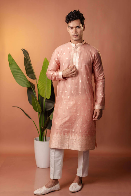 Suutraa Men's Pink Silk Kurta with Neck Emb