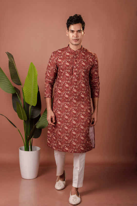 Suutraa Men's Maroon Cotton Printed Kurta