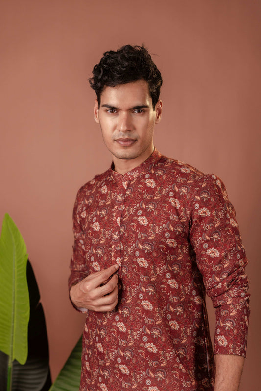 Suutraa Men's Maroon Cotton Printed Kurta