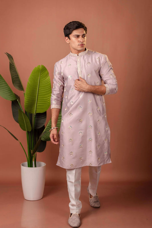 Suutraa Men's Lavender Silk all over Embroided Kurta With Off White Pyjama Set