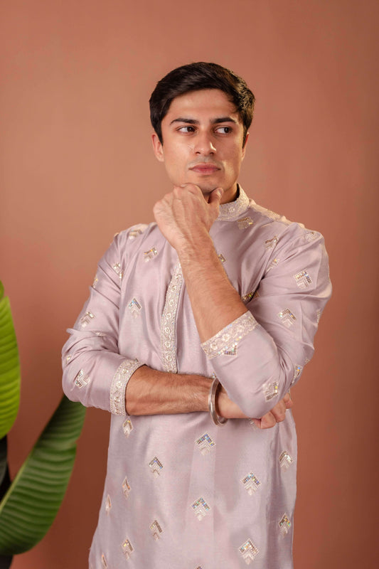 Suutraa Men's Lavender Silk all over Embroided Kurta With Off White Pyjama Set