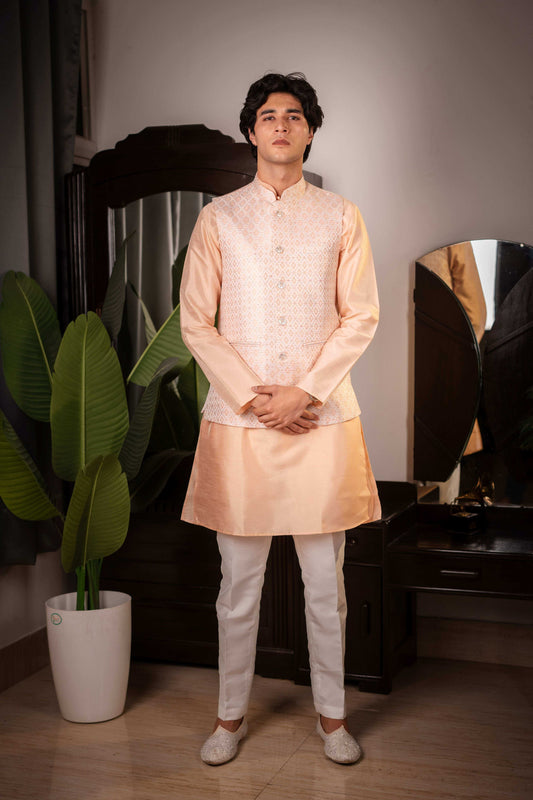 SUUTRAA MEN'S CLASSIC PEACH SILK NEHRU JACKET