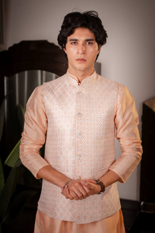 SUUTRAA MEN'S CLASSIC PEACH SILK NEHRU JACKET
