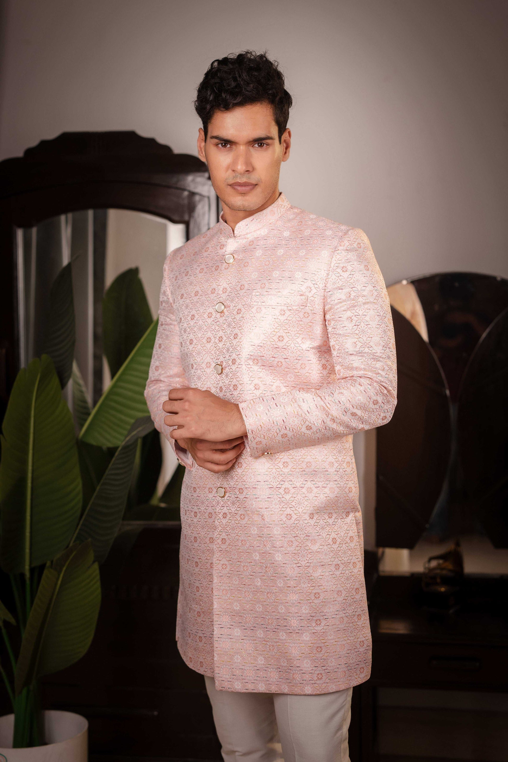 Suutraa Men's Pink Jaquard Classic Indo Pyjama Set