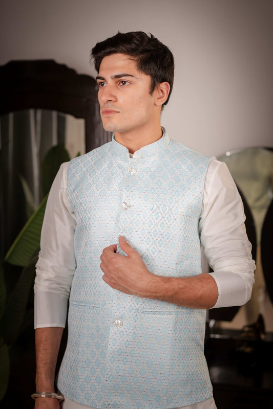 SUUTRAA MEN'S SKY BLUE SILK NEHRU JACKET
