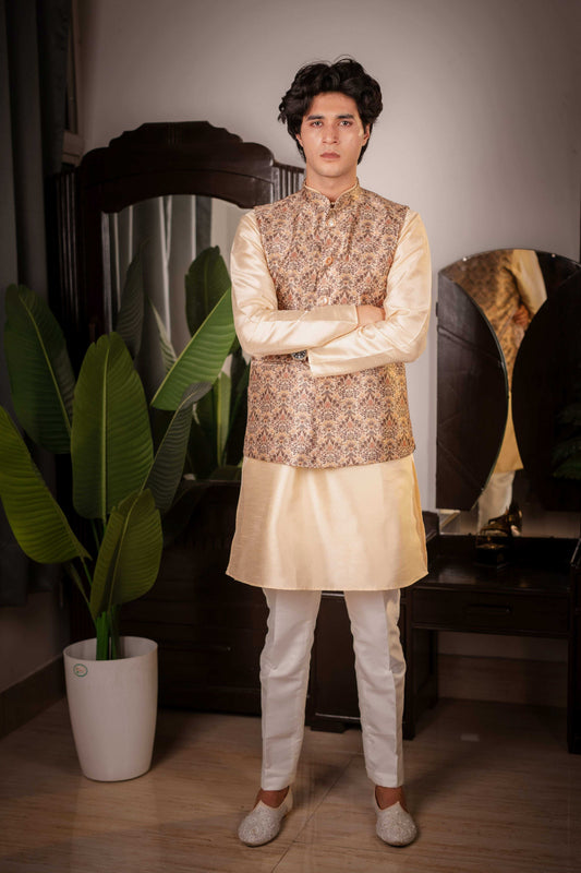 SUUTRAA MEN'S BEIGE SILK NEHRU JACKET