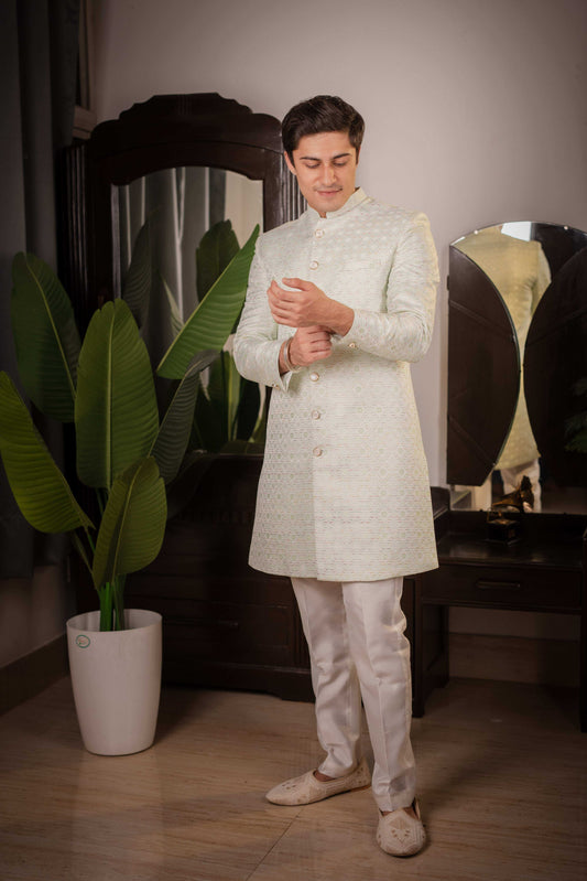 Suutraa Men's Pista Green Jaquard Indo Pyjama Set