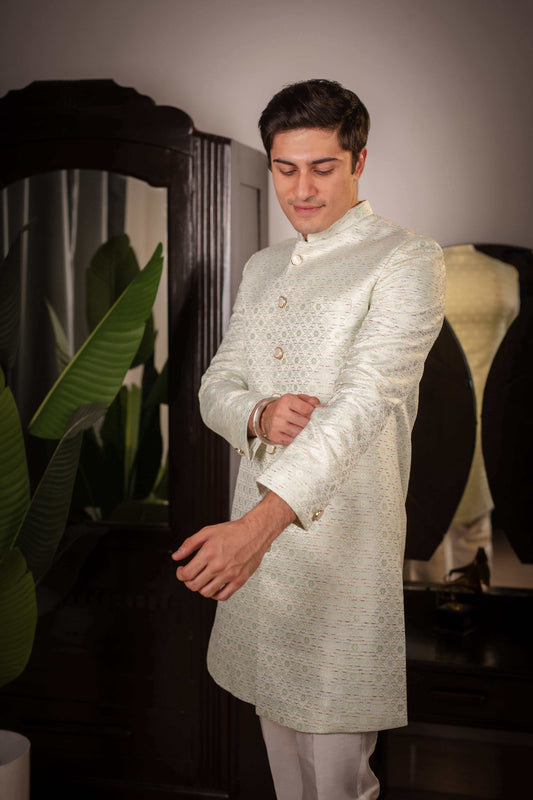 Suutraa Men's Pista Green Jaquard Indo Pyjama Set