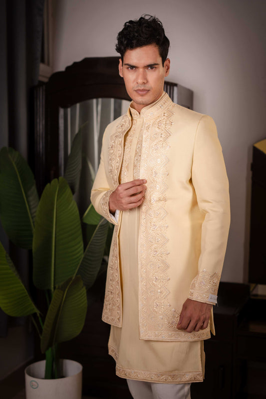 Suutraa Men's Gold Silk Embroidered Indo-Western Kurta Pyjama Set