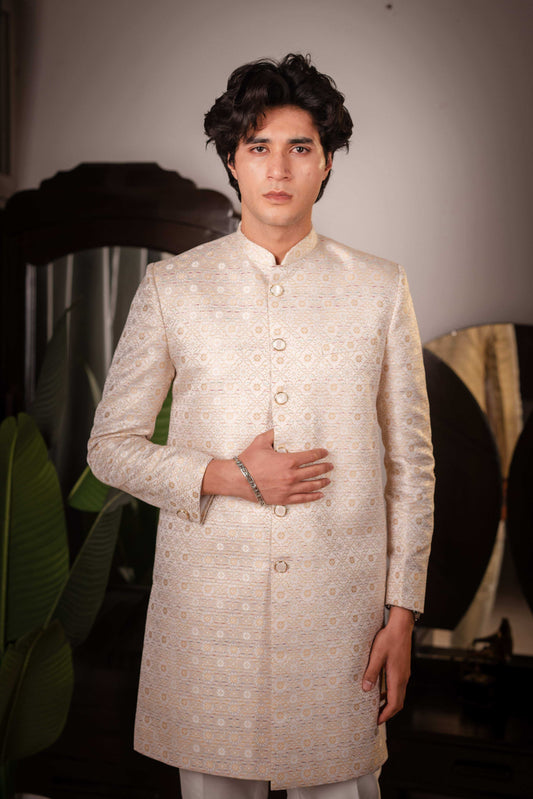 Suutraa Men's Beige Silk Jaquard Indowestern Pyjama Set