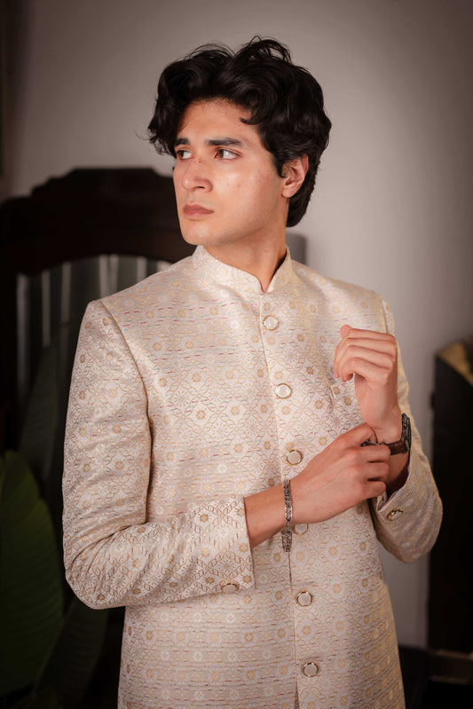 Suutraa Men's Beige Silk Jaquard Indowestern Pyjama Set