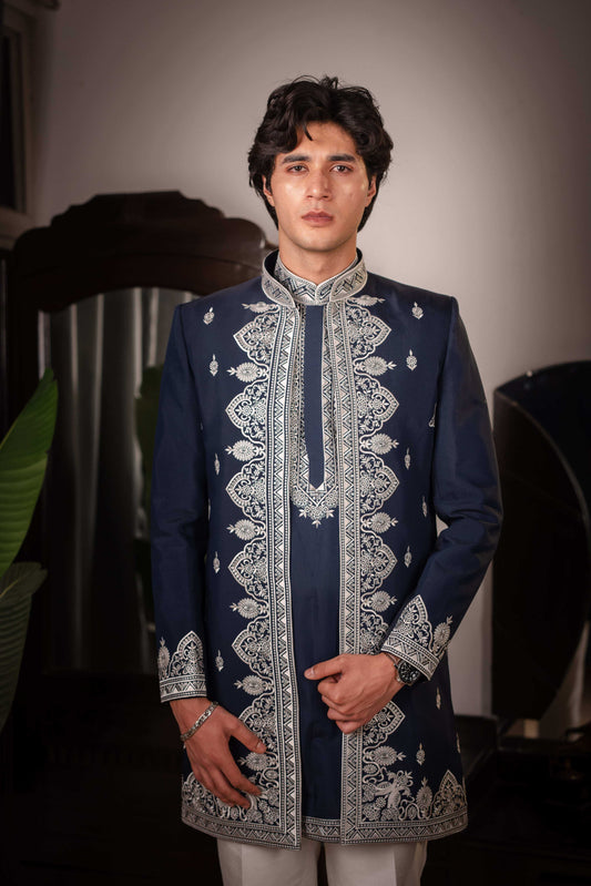 Suutraa Men's Navy Blue Silk Embroided Kurta with Jacket Pyjama Set