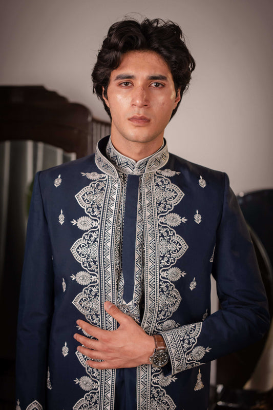 Suutraa Men's Navy Blue Silk Embroided Kurta with Jacket Pyjama Set