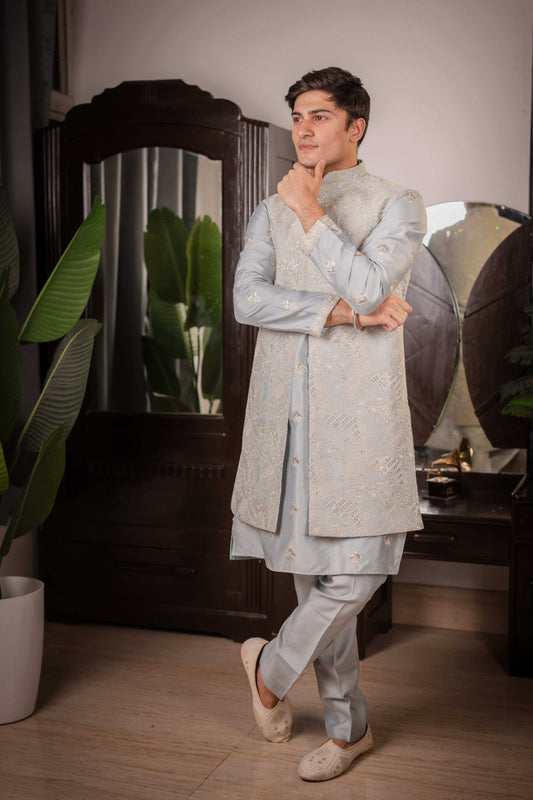 Suutraa Men's Sea Blue Silk Embroided Kurta Pyjama Jacket Set