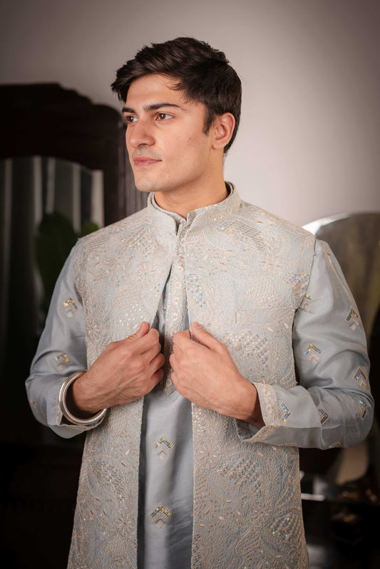 Suutraa Men's Sea Blue Silk Embroided Kurta Pyjama Jacket Set
