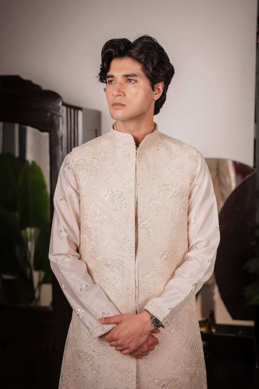 Suutraa Men's Rose Gold Silk Embroided Kurta Pyjama Jacket Set