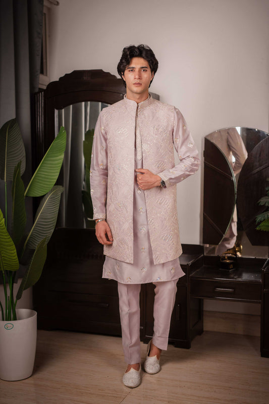 Suutraa Men's Lavender Silk Embroided Kurta Pyjama Jacket Set