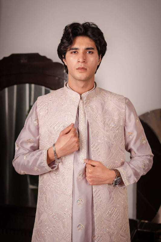 Suutraa Men's Lavender Silk Embroided Kurta Pyjama Jacket Set